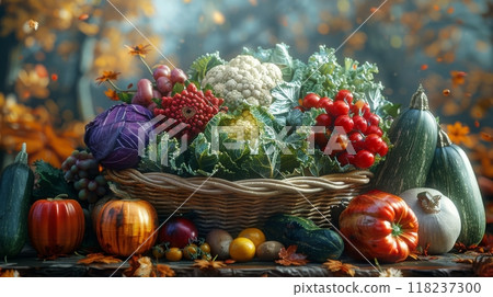 Seasonal fruits and vegetables harvest in a rustic setting 118237300