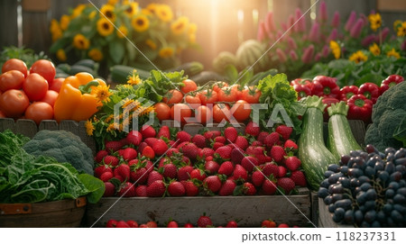 Seasonal fruits and vegetables harvest in a rustic setting 118237331