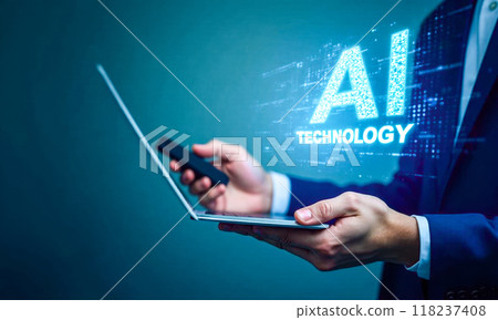 Businessman using laptop with AI technology, digital interface on screen, modern business environment, corporate executive working, advanced computing, innovation Businessman using laptop with AI technology, digital interface on screen, modern business environment, corporate executive working, advanced computing, innovation 118237408
