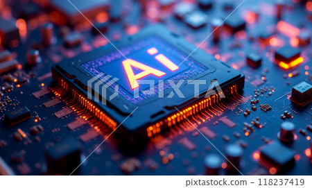 Advanced AI Processor Chip on Circuit Board for Neural Network Acceleration, High-Tech Computer Hardware for Machine Learning, Blue Illuminated Electronic Component 118237419