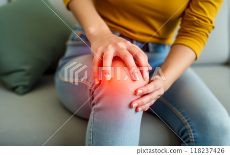 pain in knee joint. Person experiencing knee pain, red highlight on joint, health issue concept, adult with joint inflammation, medical condition illustration pain in knee joint. Person experiencing knee pain, red highlight on joint, health issue concept, adult with joint inflammation, medical condition illustration 118237426