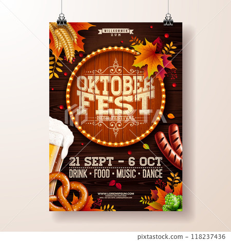 Oktoberfest Party Flyer Illustration with Fresh Lager Beer, Barrel, Sausage, Pretzel, Hop and Autumn Leaves on Dark Brown Background. Vector Traditional German Beer Festival Celebration Poster 118237436