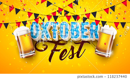 Oktoberfest Beer Festival Banner Illustration with Fresh Lager Beer in the Mug, Bavaria and German Flag Garland and 3d Typography Lettering on Yellow Background. Vector Traditional German Celebration 118237440