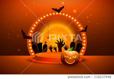 Halloween Sale Banner Illustration with Pumpkin, Podium and Glowing Light Bulb Billboard on Orange Background. Vector Holiday Design Template with Typography Lettering for Offer, Coupon, Celebration Halloween Sale Banner Illustration with Pumpkin, Podium and Glowing Light Bulb Billboard on Orange Background. Vector Holiday Design Template with Typography Lettering for Offer, Coupon, Celebration 118237446