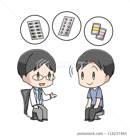 Illustration of a man receiving medication instructions from a doctor Illustration of a man receiving medication instructions from a doctor 118237465