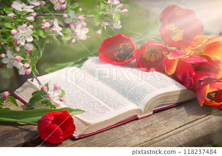 Still life from ancient book and lush boquet 118237484