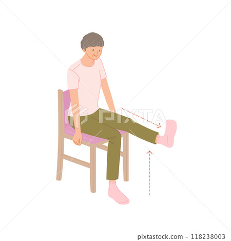 Leg muscle training: Senior women sit on a chair, straighten their knees and raise one leg Leg muscle training: Senior women sit on a chair, straighten their knees and raise one leg 118238003