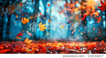 maple branch with red and yellow leaves, magical autumn forest  background with soft focus 118238057