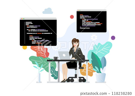 Woman programmer writing code on laptop 118238280