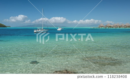 Crystal clear turquoise water and sailboats anchored in the distance, luxury overwater bungalows on the horizon. Stingray fish swim tropical island lagoon, wildlife wild nature travel exploration Crystal clear turquoise water and sailboats anchored in the distance, luxury overwater bungalows on the horizon. Stingray fish swim tropical island lagoon, wildlife wild nature travel exploration 118238408