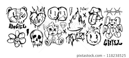 Spray paint graffiti black bear, fire heart, mouth, melting smiles and street tags 118238525