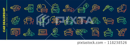 Auto sale dealership thin line icon set, automotive industry linear symbols Auto sale dealership thin line icon set, automotive industry linear symbols 118238526