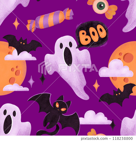 Halloween holiday seamless pattern with ghost, black cat bat, candy and moon on purple back Halloween holiday seamless pattern with ghost, black cat bat, candy and moon on purple back 118238800