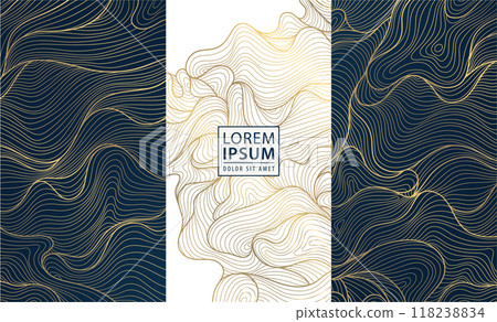 Vector set of wave luxury design background, gold oriental patterns. Sea curve, water line art. Wine, perfume labels, royal art deco invitations. Vector set of wave luxury design background, gold oriental patterns. Sea curve, water line art. Wine, perfume labels, royal art deco invitations. 118238834