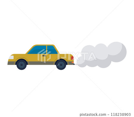 Yellow car with exhaust smoke icon, simplistic flat design, symbolizing pollution and environmental impact. 118238903