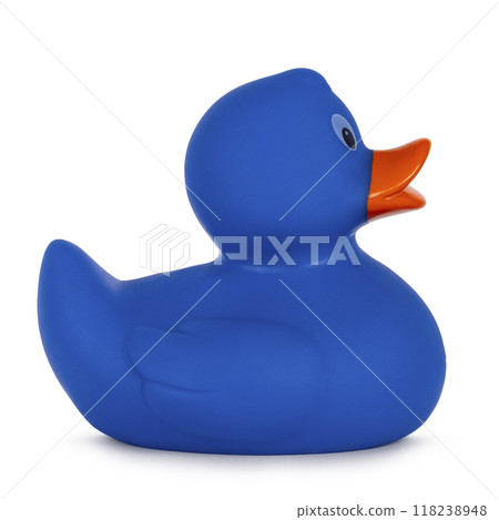 Blue rubber duck on white background 118238948