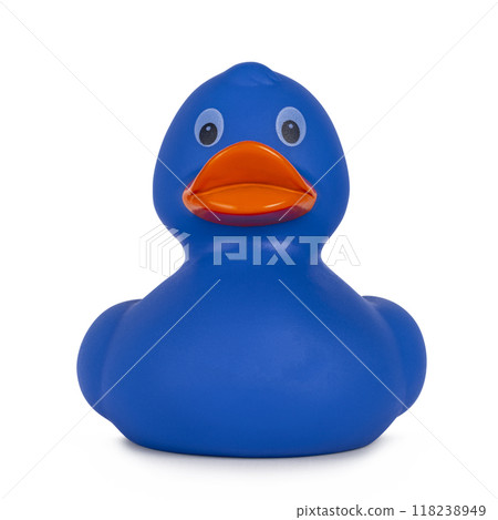 Blue rubber duck on white background 118238949