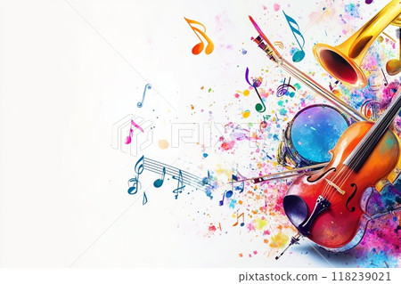 Colorful music notes and musical instruments background. Generative AI. Colorful music notes and musical instruments background. Generative AI. 118239021