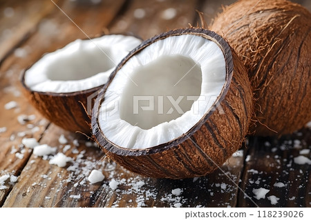 Ripe half cut coconut on a wooden background. Generative AI. Ripe half cut coconut on a wooden background. Generative AI. 118239026
