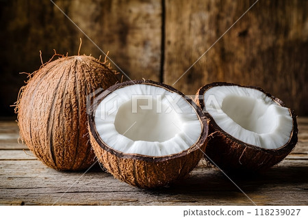 Ripe half cut coconut on a wooden background. Generative AI. Ripe half cut coconut on a wooden background. Generative AI. 118239027
