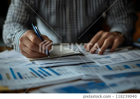 A businessman, reviewing financial documents and analyzing investment data, close up. Generative AI. 118239040
