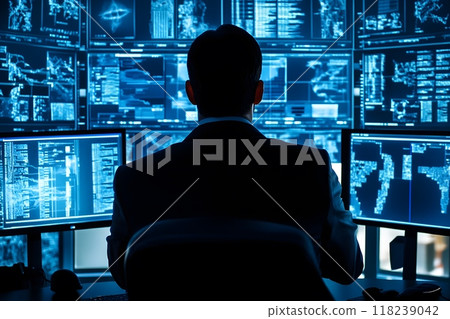 Professional analyzing data using multiple monitors in a workspace. Generative AI. 118239042