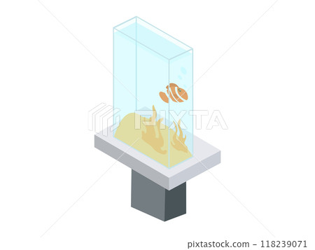 An isometric view of an aquarium with a clownfish swimming above yellow sand and corals, encased in a glass tank, illustrating aquatic environments. An isometric view of an aquarium with a clownfish swimming above yellow sand and corals, encased in a glass tank, illustrating aquatic environments. 118239071