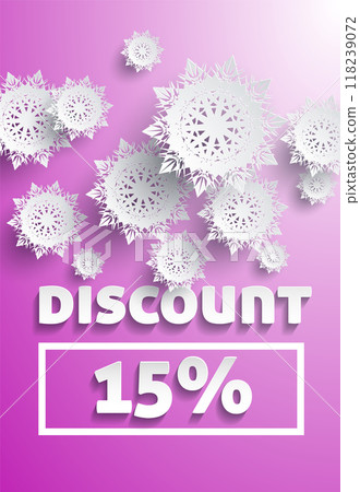 Pink gradient banner for 15 discount with snowflakes. Covers themes of winter sale, promotion, shopping, and seasonal offers. Suitable for retail marketing, holiday promotions, and advertising. Pink gradient banner for 15 discount with snowflakes. Covers themes of winter sale, promotion, shopping, and seasonal offers. Suitable for retail marketing, holiday promotions, and advertising. 118239072