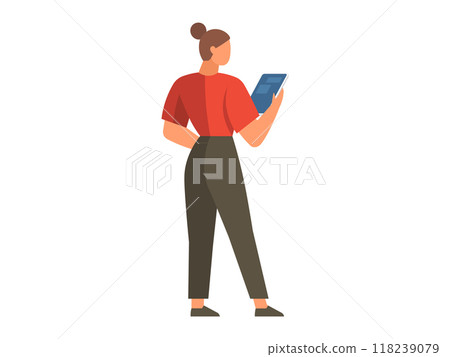 A minimalist vector illustration of a woman holding a tablet, depicted in red and green shades. The design is modern and clean, representing themes of technology, communication, and simplicity. A minimalist vector illustration of a woman holding a tablet, depicted in red and green shades. The design is modern and clean, representing themes of technology, communication, and simplicity. 118239079