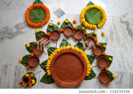 A Full set earthenware is ready to served bengali dishes in Rice Ceremony 118239106
