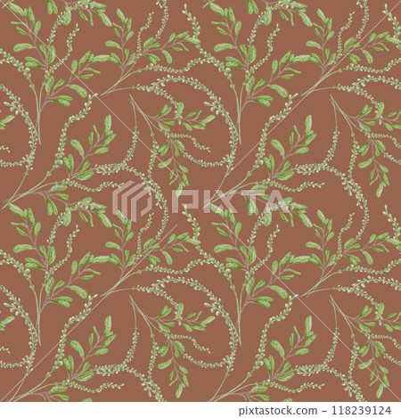 Botanical seamless pattern in pastel tone with leaves. Thin green stems with leaves watercolor background isolated. Plants arrangements hand drawn ornament print. Design for textile, package, paper. Botanical seamless pattern in pastel tone with leaves. Thin green stems with leaves watercolor background isolated. Plants arrangements hand drawn ornament print. Design for textile, package, paper. 118239124