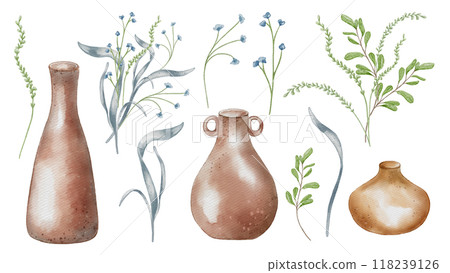 Flowers in pastel tone and pottery dishes in set. High jug and wide pot watercolor illustration isolated. Floral arrangements, plant stem and clay dishes hand drawn. For ceramics workshop, modeling 118239126