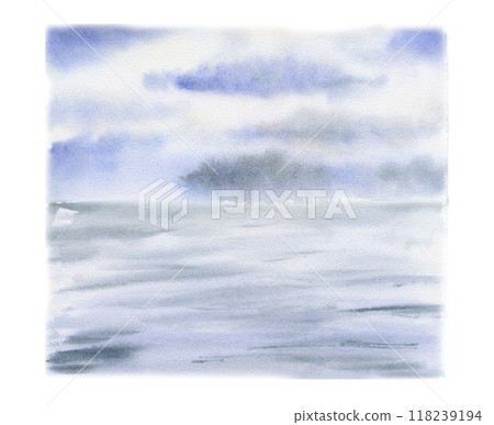Scenery landscape rain storm, cloudy blue sky, water surface with waves, pool sea lake ocean hand drawn in watercolor. Illustration for tourism, resort ads, hiking camping sites vacation, postcard. 118239194