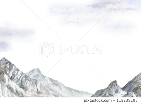 Scenery landscape, mountain range snowy peaks crags cliffs alpine vista, cloudy sky hand drawn in watercolor. North Canada, Caucasus. Frame for tourism, resort ads, hiking camping sites vacation. Scenery landscape, mountain range snowy peaks crags cliffs alpine vista, cloudy sky hand drawn in watercolor. North Canada, Caucasus. Frame for tourism, resort ads, hiking camping sites vacation. 118239195