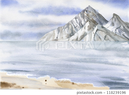 Scenery landscape cloudy blue sky, mountains on horizon, water with waves, sea lake ocean, sandy shore. Watercolor hand drawn illustration for tourism, resort, hiking camping sites vacation, postcard. 118239196