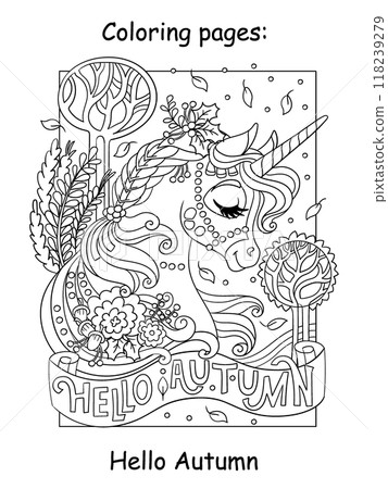 Halloween coloring autumn unicorn and lettering vector illustration 118239279