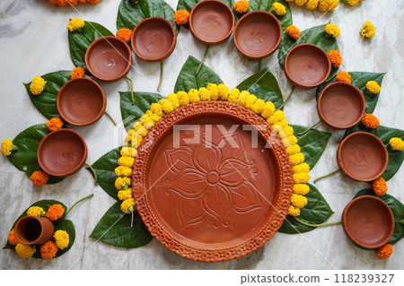 Empty earthenware is used to served food in Bengali Occasion Empty earthenware is used to served food in Bengali Occasion 118239327