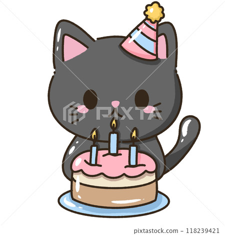 A kawaii hand drawn illustration birthday greeting card invitation ready to print a black cat with a birthday cake wearing a party hat 118239421