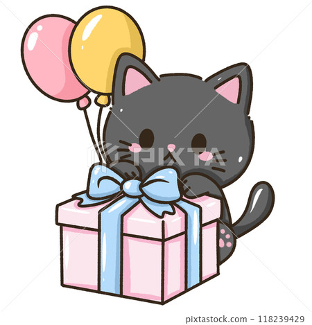 A kawaii hand drawn illustration birthday greeting card invitation ready to print a black cat holding on to a pink present box with pink and yellow balloons A kawaii hand drawn illustration birthday greeting card invitation ready to print a black cat holding on to a pink present box with pink and yellow balloons 118239429