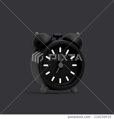 3d cartoon black alarm clock with white clock hands and hour markers on dark background. Design element for time management, deadlines and black friday concept. Minimalist vector illustration. 118239535