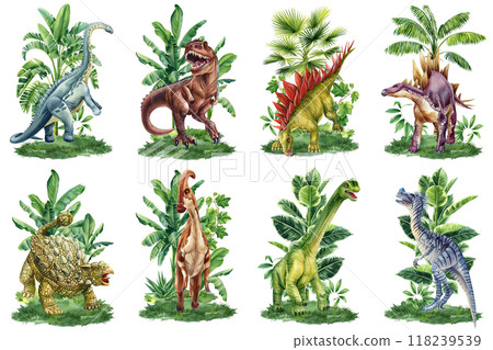 Realistic dinosaur Jurassic plant isolated. Hand draw watercolor dinosaurs illustration for encyclopedia ancient animals Realistic dinosaur Jurassic plant isolated. Hand draw watercolor dinosaurs illustration for encyclopedia ancient animals 118239539