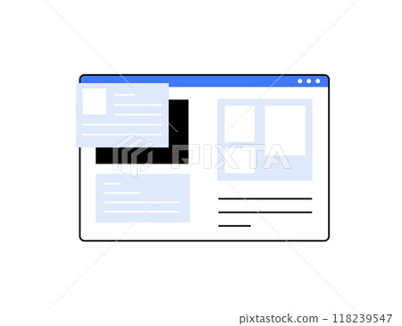Minimalistic web browser interface with multiple content sections, overlaying elements suggesting a digital content management system, emphasizing organization and user interaction. 118239547