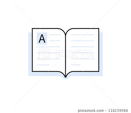 Minimalist open book with a large A emphasizing learning and education. The image signifies knowledge acquisition, study, and digital resources for education in modern settings. Minimalist open book with a large A emphasizing learning and education. The image signifies knowledge acquisition, study, and digital resources for education in modern settings. 118239568