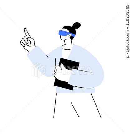 Illustration of a person with a VR headset, holding a tablet, emphasizing the use of mixed reality or augmented reality AR technology in educational contexts and modern learning environments. 118239589