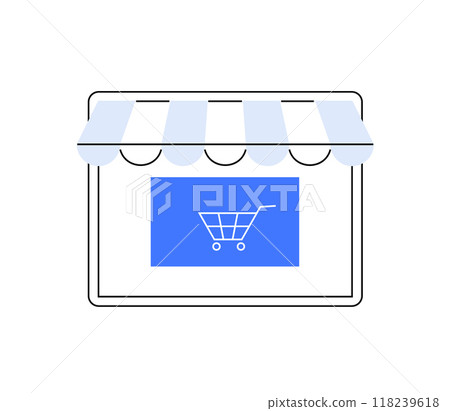 Digital storefront with a shopping cart icon on a blue background, illustrating e-commerce, online shopping, and the digital transformation of retail and consumer behavior. 118239618