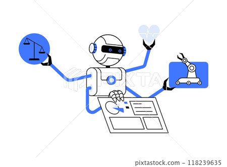 Robot with multiple arms holding symbols of balance, health, and automation, highlighting AI s versatility in various fields such as law, healthcare, and manufacturing. 118239635
