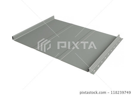 Gray retro roof panel with standing seam and fasteners. Modern galvanized steel roofing sheet with ribs isolated on white background. Falz roofing. Classic style black metal panel with rebate joint Gray retro roof panel with standing seam and fasteners. Modern galvanized steel roofing sheet with ribs isolated on white background. Falz roofing. Classic style black metal panel with rebate joint 118239749