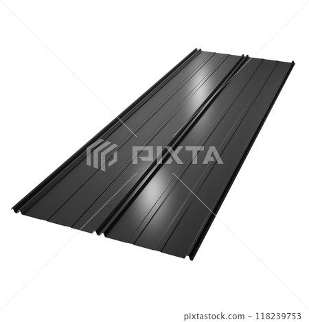 Black retro roof panel with standing seam and fasteners. Modern galvanized steel roofing sheet with ribs isolated on white background. Falz roofing. Classic style black metal panel with rebate joint 118239753