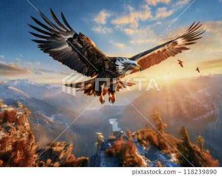 Big eagle in flight on air. Birdwatching. Eagle flight in natural environment Big eagle in flight on air. Birdwatching. Eagle flight in natural environment 118239890