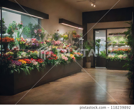 Modern flower shop interior. Interior design of flower shop or store with refrigerator for flowers, Copy space 118239892